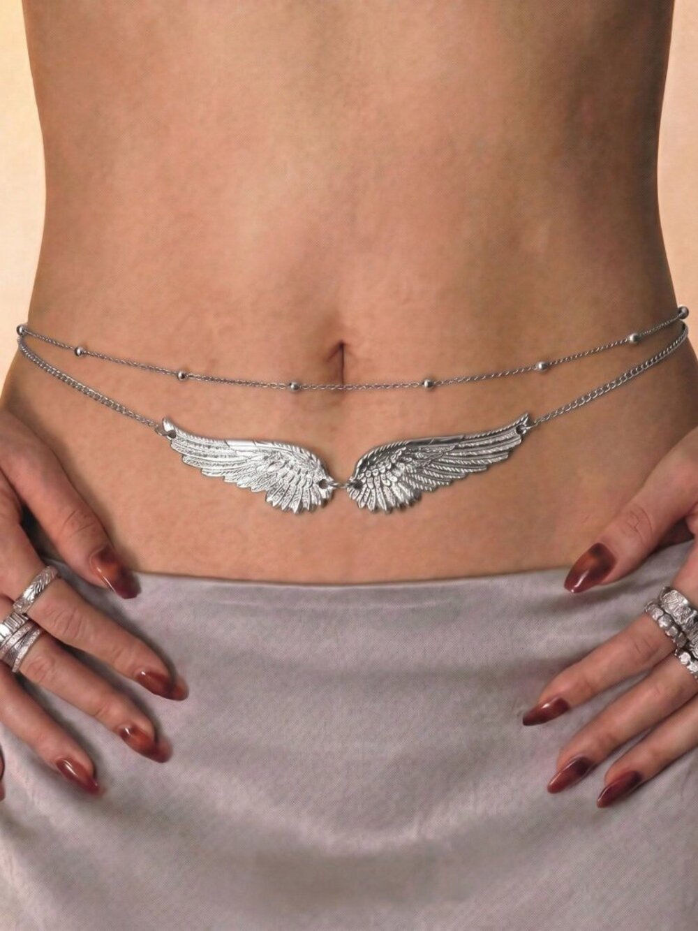 Silver Sexy Women's Angel Wings Metal Beaded Beach Waist Chain Set - Picture 2 of 5